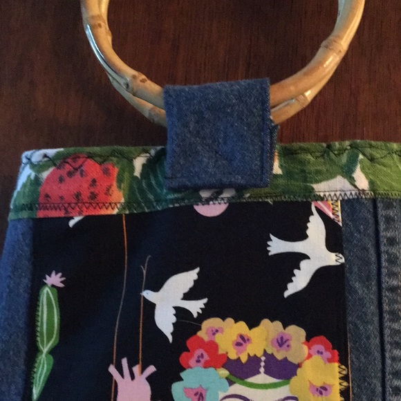 Freida Kahlo Upcycled Denim bamboo handles purse - Picture 4 of 8